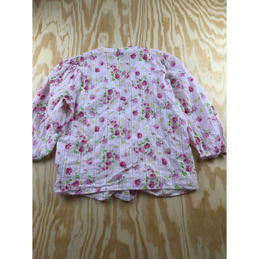 Nanette Lepore Pink Floral Swiss Dot Ruffle Lace V-Neck Blouse Medium - Picture 3 of 7